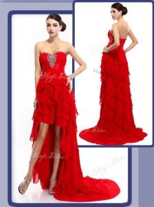 Cheap High Low Beading and Ruffled Layers Celebrity Dresses in Red