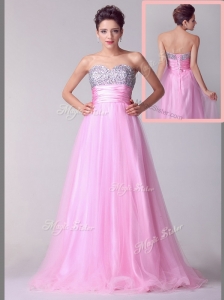 Lovely A Line Brush Train Rose Pink Celebrity Dresses with Beading for Spring