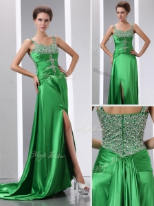 Luxurious Column Beading and High Slit Celebrity Dresses with Court Train