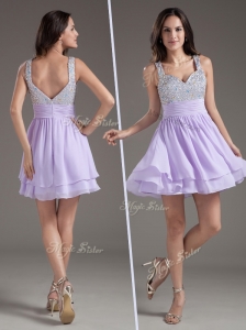 Simple Straps Mini Length Lavender Cocktail Dresses with Beading