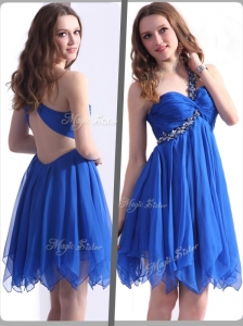 Best One Shoulder Blue Short Prom Dresses with Beading