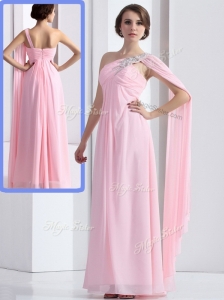 Elegant One Shoulder Baby Pink Dama Dress with Ruching and Beading