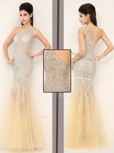 Gorgeous Mermaid One Shoulder Beading Prom Dresses in Champagne