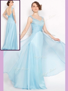 New Style Empire Brush Train Light Blue Discount Prom Dresses with Beading