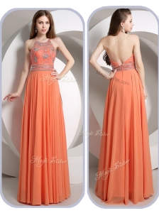 Romantic Empire Halter Top Orange  Popular Prom Dresses with Beading