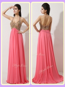 The Most Popular Halter Top Brush Train Watermelon Red  Discount Prom Dresses