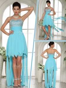 Wonderful Sweetheart High Low Beading and Paillette Discount Prom Dress in Aqua Blue