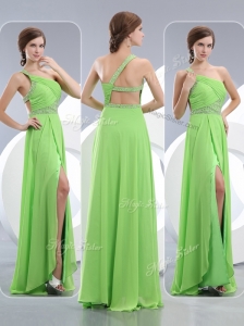 Elegant One Shoulder Spring Green Prom Dresses with High Slit