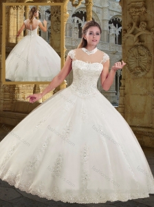 2016 Lovely High Neck Cap Sleeves Appliques Wedding Dress in White
