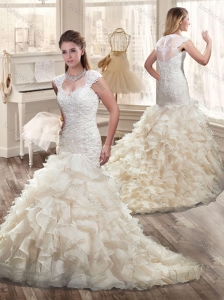 2016 New Ruffles Straps Wedding Dresses with Cap Sleeves