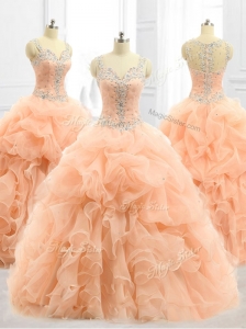 Cheap Straps Beading and Ruffles Quinceanera Dresses in Peach