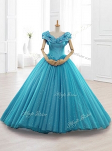 Exquisite Cap Sleeves Teal Quinceanera Gowns with Appliques