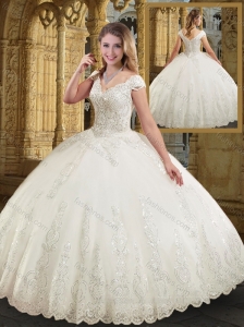 Perfect V Neck Cap Sleeves White Wedding Dresses with Appliques