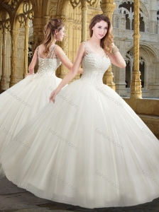 Wonderful V Neck Beading Ball Gown Long Wedding Dress in White 2016