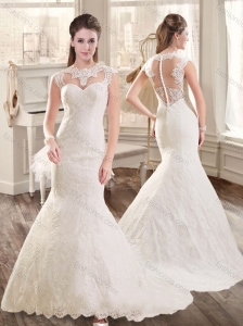 Beautiful Mermaid Brush Train Lace Wedding Dresses with Cap Sleeves