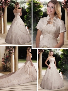 Cheap A Line Strapless Chapel Train Wedding Dress with Beading and Ruffles