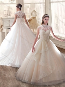 Cheap High Neck Wedding Dresses with Appliques and Ruching