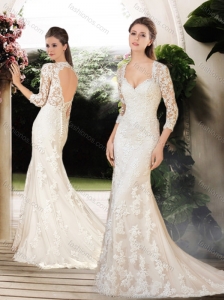 Elegant Column Sweetheart 3/4 Sleeves Open Back Wedding Dresses with Lace