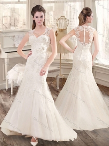 Fashionable Column V Neck Wedding Dresses with Hand Made Flowers