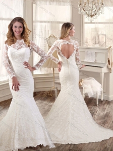 Hot Sale Bateau Open Back Wedding Dresses with Brush Train