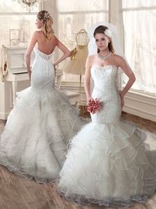 Lovely Mermaid Strapless Wedding Dresses with Ruffles and Lace