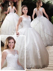 Luxurious Ball Gown Scoop Chapel Train Wedding Dresses with Beading and Appliques