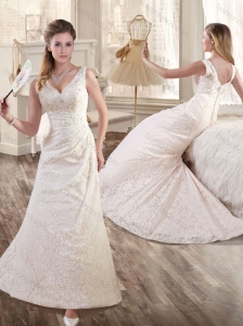 New Style V Neck Brush Train Lace Wedding Dresses for Garden