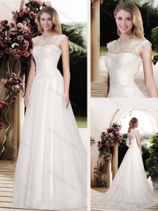 Wonderful Empire Bateau Appliques Brush Train Wedding Dresses for Beach