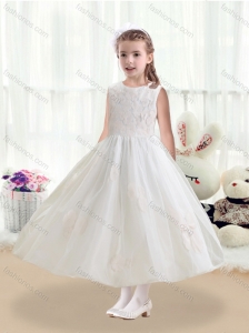 Cheap Scoop Tea Length White Flower Girl Dresses with Appliques