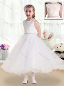 Fashionable Scoop Tea Length Flower Girl Dresses with Lace