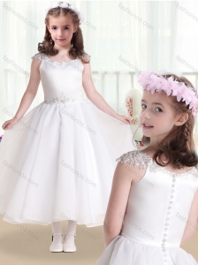 Latest Cap Sleeves Flower Girl Dresses with Beading and Appliques