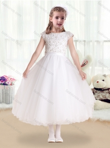 Sweet Bateau Cap Sleeves Flower Girl Dresses with Appliques