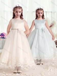 2016 Beautiful Scoop Flower Girl Dresses with Hand Made Flowers