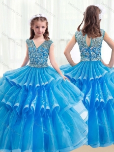 2016 Pretty V Neck Baby Blue Mini Quinceanera Dresses with Ruffled Layers