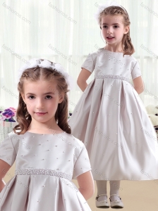 Beautiful Short Sleeves Satin Flower Girl Dresses with Beading
