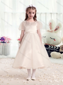 Best Princess Scoop Short Sleeves Champagne Flower Girl Dresses