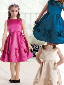 Elegant Bateau Knee Length Satin Flower Girl Dresses with Bowknot