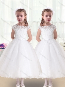 Pretty Bateau Cap Sleeves White Flower Girl Dresses