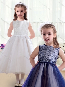 Pretty Ruching Tea Length Scoop Flower Girl Dresses