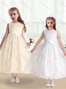 Pretty Scoop Lace and Belt Flower Girl Dresses in White