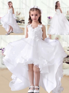 Romantic V Neck Appliques High Low White Flower Girl Dresses