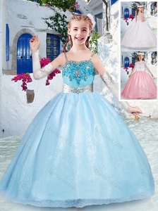 New Style Beautiful Spaghetti Straps Light Blue Little Girl Pageant Dress with Beading