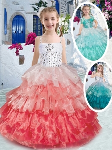 New Style Elegant Spaghetti Straps Little Girl Pageant Dresses with Ruffled Layers and Beading