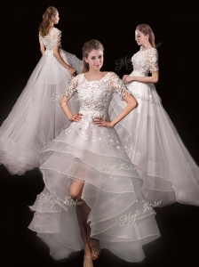 Latest Appliques High Low Wedding Dresses with Short Sleeves