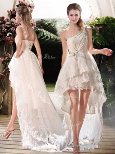 Simple One Shoulder High Low Wedding Dresses with Beading and Appliques