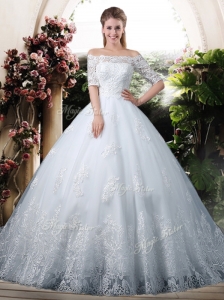 Elegant Ball Gown Off the Shoulder Lace Chapel Train Wedding Dresses with Half Sleeves