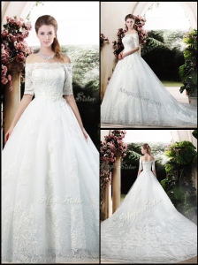 Latest A Line Off the Shoulder Half Sleeves Wedding Dresses with Appliques