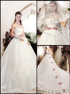Lovely Sweetheart Lace Appliques and Bowknot Wedding Dresses with Chapel Train