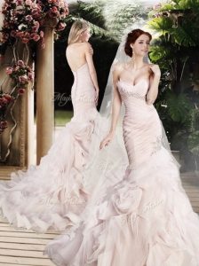Modest Mermaid Beading and Ruffles Wedding Dresses with Brush Train