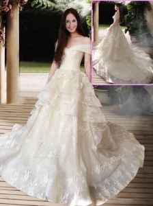 New Style A Line Court Train Wedding Dresses with Off the Shoulder